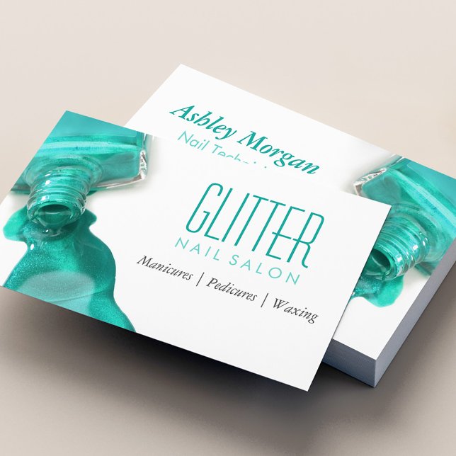 Cartão De Visita Teal Glitter Nail Salon Manicure - Na moda Beauty (Ideal for nail technicians, manicurists, or beauty professionals.)