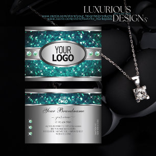Cartão De Visita Teal Glitter Sparkle Rhinestones Logotipo Prateado