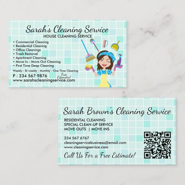 Cartão De Visita Teal Maid Janitorial Lady qr code Cleaning Service (Frente/Verso)