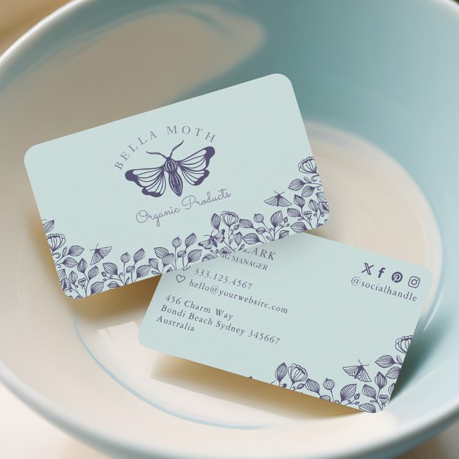 Cartão De Visita Teal & Roxo Elegante & Chic (Elegant & Chic Teal & Purple Florals & Moth Logo Business Card)