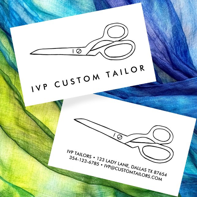 Cartão De Visita Tecido Personalizado Tesoura Linha Chic Desenho PE (Tailor Fabric Scissors Chic Line Drawing CUSTOM Business Card
)