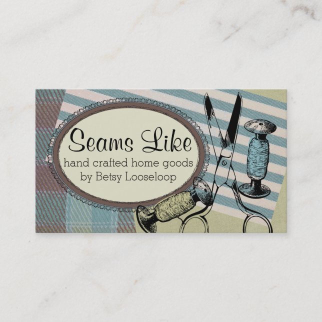 Cartão De Visita tecido sewing da linha das tesouras da costureira (Frente)