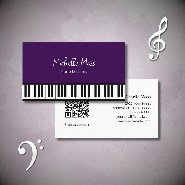 Cartão De Visita Teclado Piano de Professor de Música Roxo Trendy (Criador carregado)