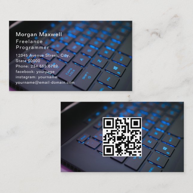 Cartão De Visita Teclado Programador de Computador Código QR azul (Frente/Verso)