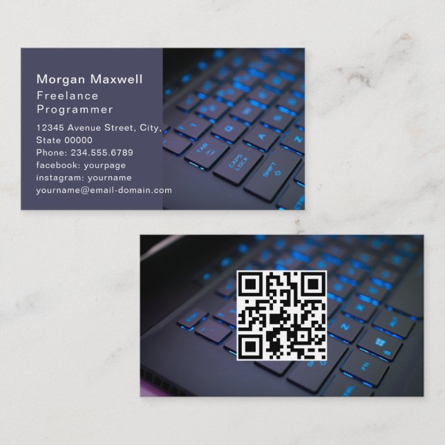 Cartão De Visita Teclado Programador de Computador Código QR azul (Frente/Verso)