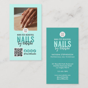 Cartão De Visita Técnica de Unhas Moderno Código QR Logo Azul Claro