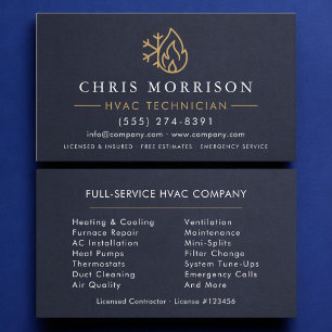 Cartão De Visita Técnico de HVAC Azul Marinho Dourado Moderno