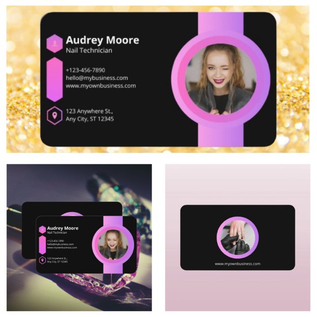 Cartão De Visita Técnico de pregas rosa e preta (Pink & Black Nail Technician Business Card)