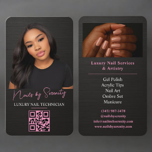 Cartão De Visita Técnico de Unhas Código QR Metálico Preto Rosa