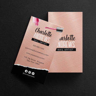 Cartão De Visita Técnico de Unhas de Arte de Unhas Metálicas Rosa E