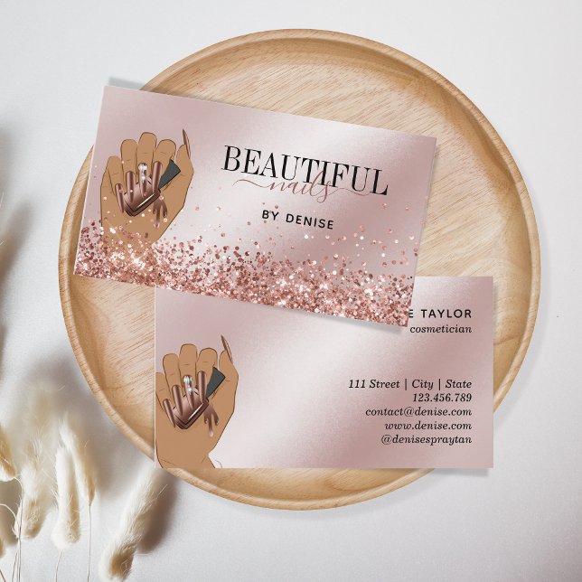 Cartão De Visita técnico de unhas de mão de rosa dourado salão (Criador carregado)