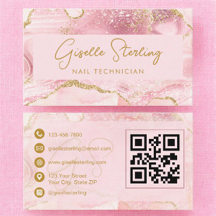 Cartão De Visita Técnico de Unhas Luxuoso Código QR Ágata Rosa Dour