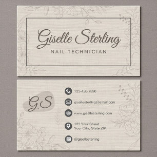 Cartão De Visita Técnico de Unhas Neutro Lino Floral Elegante