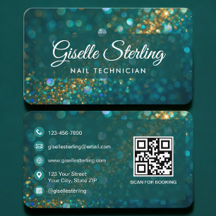 Cartão De Visita Técnico de Unhas Verde Dourado Código QR Profissio