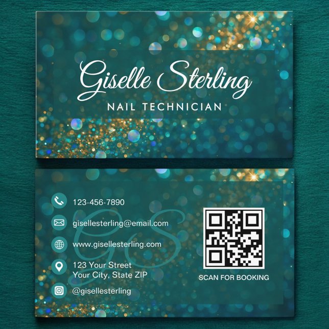 Cartão De Visita Tecnologia Nail Dourada Glitter Código QR Luxury (Criador carregado)