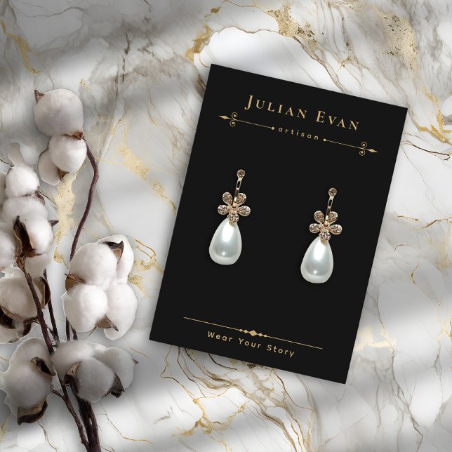 Cartão De Visita Tela de Joias Douradas Celestiais Pretas (Celestial Black Gold Jewelry Earring Display Business Card)