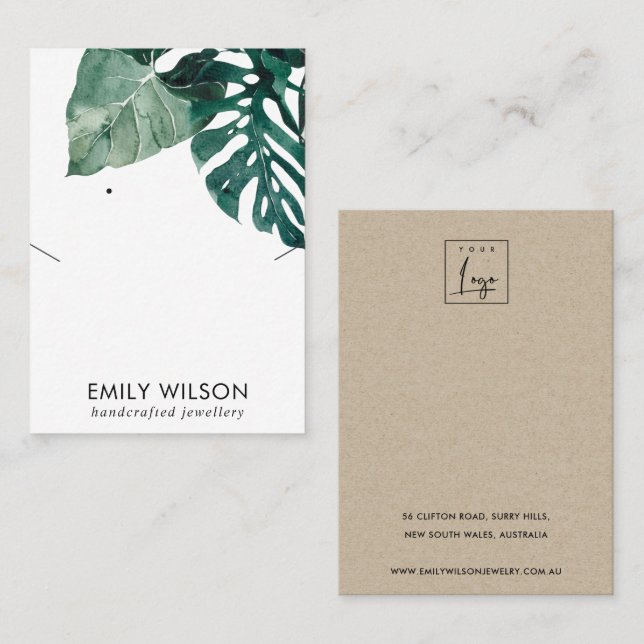 CARTÃO DE VISITA  TELA DE OUVIDO DA FAUNA NECKLACE DE MOSTERA VERDE (Frente/Verso)