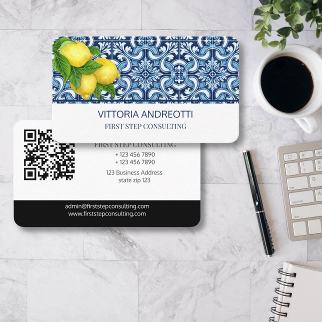Cartão De Visita Temas azulejos azuis e limões mediterrânicos itali (Blue tiles and lemons Italian Amalfi Positano Vietri Mediterranean blue themed qr business cards)
