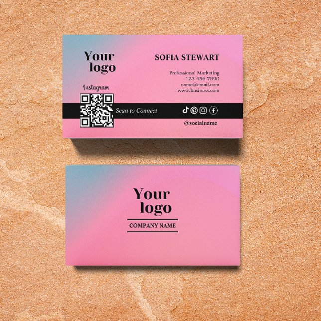 Cartão De Visita Tendência Holograma Digitaliza Para Conectar Ícone (Instagram Qr Code Holographic Gradient Social Medi Business Card)