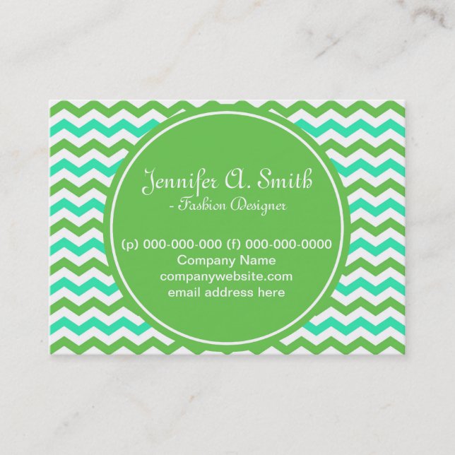 Cartão De Visita Tendência, verde legal e ziguezague azul-aqua (Frente)