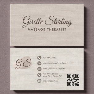 Cartão De Visita Terapeuta de Massagem Código QR Elegante Bege em L