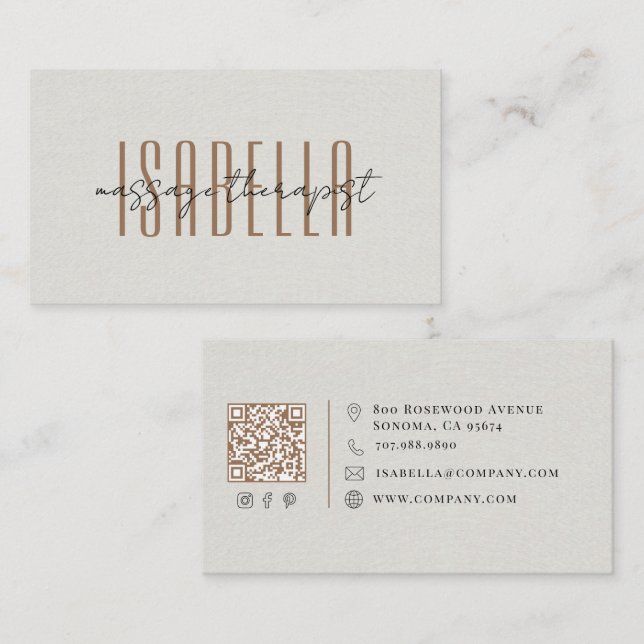 Cartão De Visita Terapeuta de Massagem Falso Linho Script (Frente/Verso)