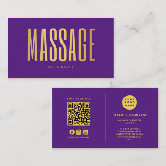 Cartão De Visita Terapeuta de Massagem Roxo e Dourado Código QR e L