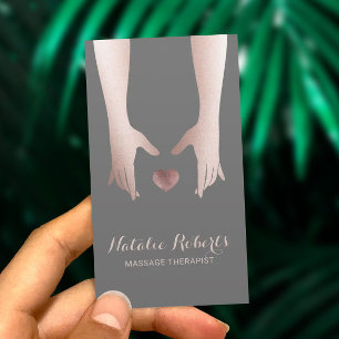 Cartão De Visita Terapêutica Dourada de Massagem com Mãos e Rosa 