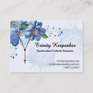 Cartão De Visita Terço Católico Floral em Aquarela Azul Elegante