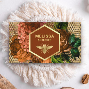 Cartão De Visita Terracota Mel floral com folha de ouro favo de mel