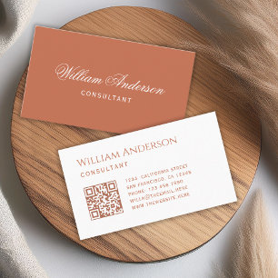 Cartão De Visita Terracotta Código QR Branco e Caligrafia Simples