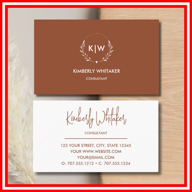 Cartão De Visita Terracotta e White | Monograma de Iniciais Moderno (Terracotta and White | Modern Initials Monogram Business Card)