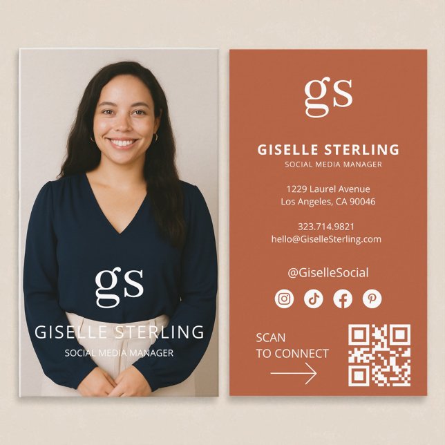 Cartão De Visita Terracotta Monograma Foto de Mídia Social Código Q (Criador carregado)