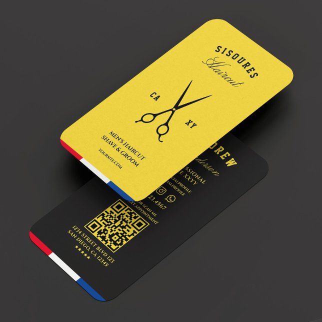 Cartão De Visita Tesoura Barbearia Azul Amarelo Amarelo Negro Moder (Barbershop Scissors Black Yellow Red Blue Modern Business Card
)