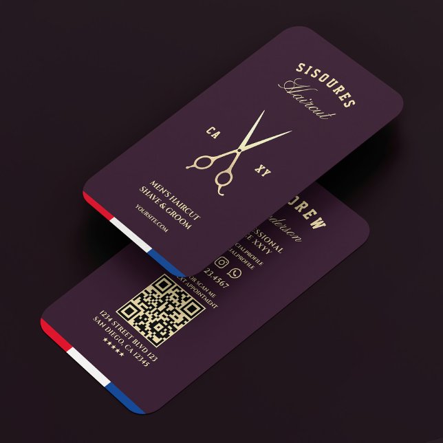Cartão De Visita Tesoura-barbeiro Elegante Roxo Dourado Vermelho Az (Barber Scissors Elegant Purple Gold Red White Blue Business Card
)