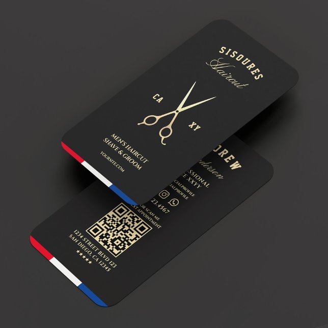 Cartão De Visita Tesoura-barbeiro Preto Vermelho Azul Dourado Moder (Barber Scissors Black Gold Red Blue White Modern Business Card
)