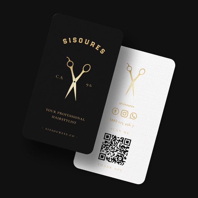 Cartão De Visita Tesoura Barbershop Barbeiro Dourado preto e branco (Criador carregado)
