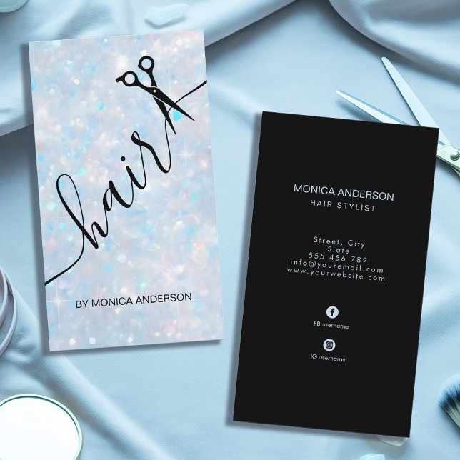 Cartão De Visita Tesoura com Glitter Azul Opala Código QR Script Ca (Blue Opal Glitter Hair Script Scissors QR Code Business Card)