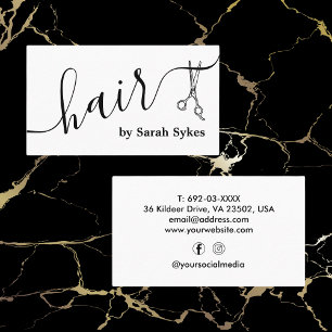 Cartão De Visita Tesoura com Script Barber White de Lista de Cabelo