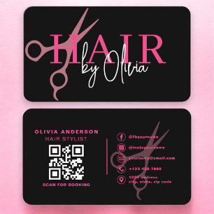 Cartão De Visita Tesoura de Cabelereiro Código QR Preto Rosa