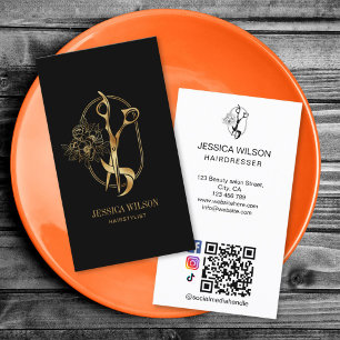 Cartão De Visita Tesoura de Cabelereiro Vintage Ouro Código QR Flor
