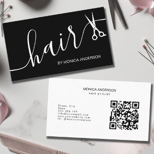 Cartão De Visita Tesoura de Cabelo Preto e Branco Elegante Código Q
