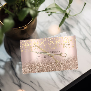 Cartão De Visita Tesoura de Confete Dourado Elegante Brilho em Rosa