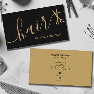 Cartão De Visita Tesoura de Estilista de Cabelo Preto Dourado de Lu
