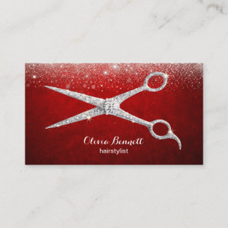 Cartão De Visita Tesoura de Estilista de Cabelo Vermelho Brilhante