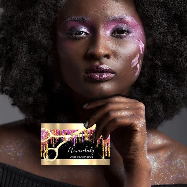 Cartão De Visita Tesoura do Hairdresser Moderna Largura Roxa Preta (Modern Hairdresser Scissors Purple Glitter Black Business Card)