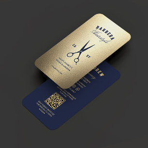 Cartão De Visita Tesoura Dourada Azul Barber Moderna Elegante