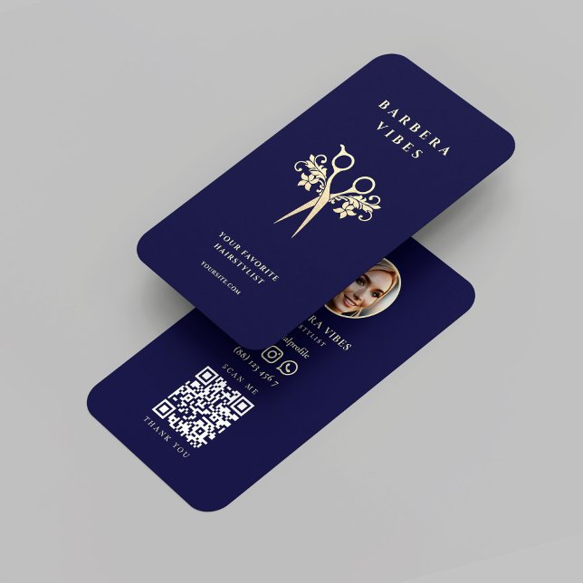 Cartão De Visita Tesoura Dourada Barber Moderna Hairstylist Floral (Modern Hairstylist Barber Gold Scissors Floral Business Card
Midnight Blue
)