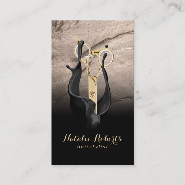 Cartão De Visita Tesoura Dourada com Stylist de cabelo preto e salã (Frente)