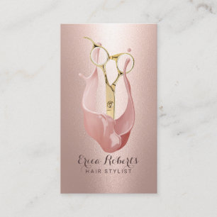 Cartão De Visita Tesoura Dourada de Salão de Cabelo Rosa Moderno D